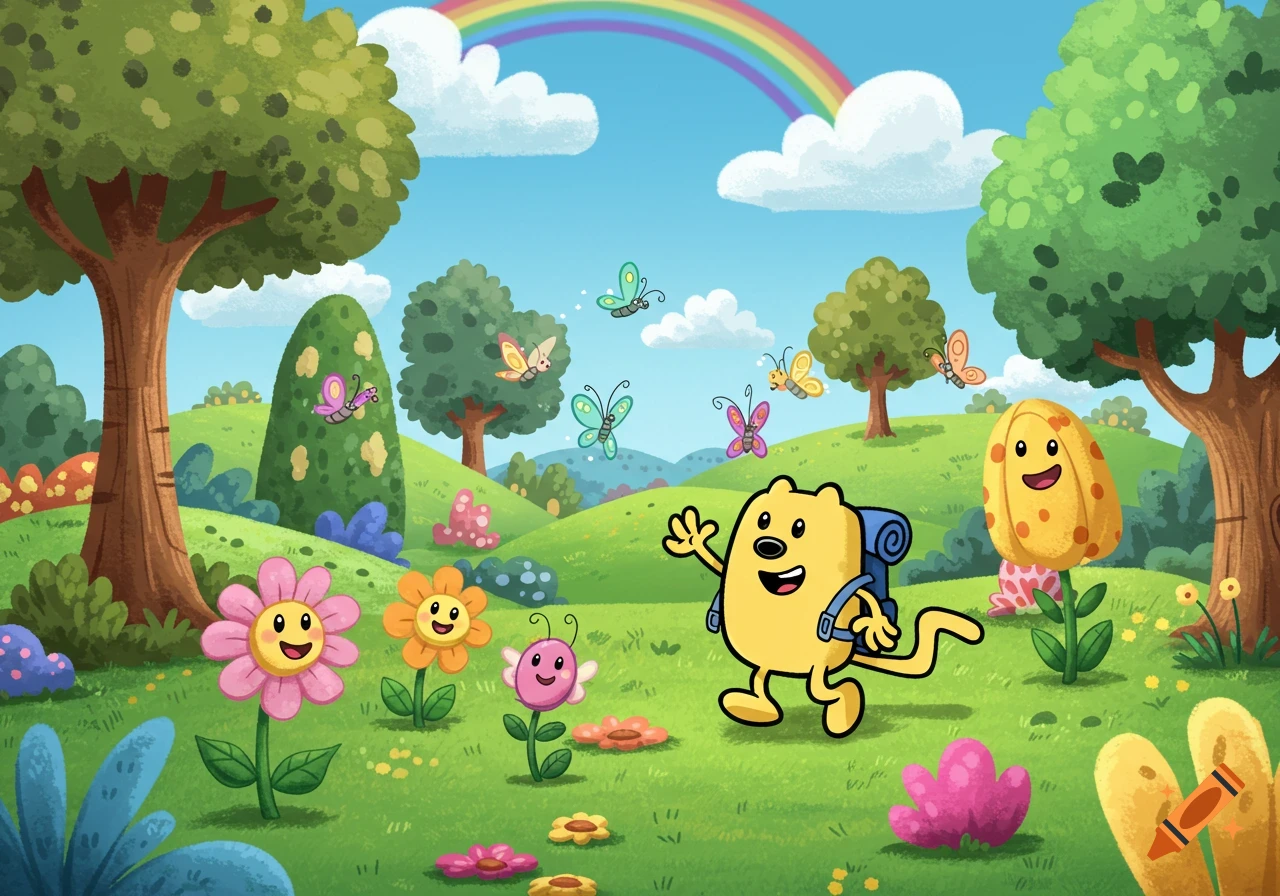 Wubbzy, a cheerful yellow cartoon character with a blue backpack, waves in a vibrant whimsical field with flowers, butterflies, trees, and a rainbow.