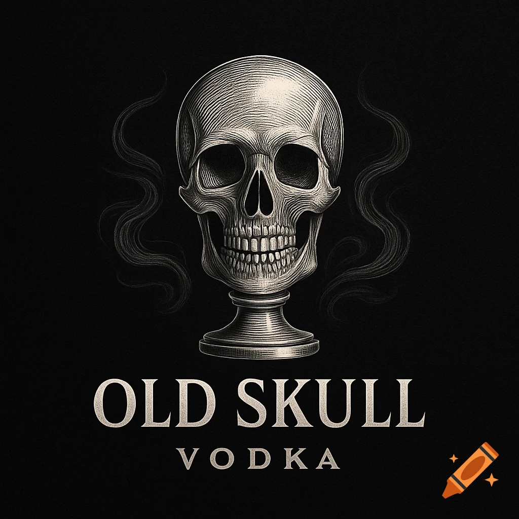 Monochrome engraved logo featuring a skull on a pedestal with wisps, text 'OLD SKULL VODKA'.