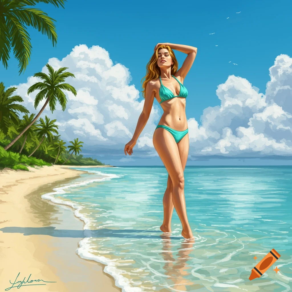 Illustrative depiction of a woman in a turquoise bikini walking in shallow ocean water on a sunny tropical beach with palm trees.