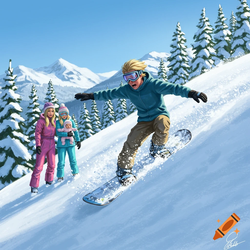 An illustrated blonde man snowboards down a snowy mountain, nearly crashing, as two women and a baby watch from the background.