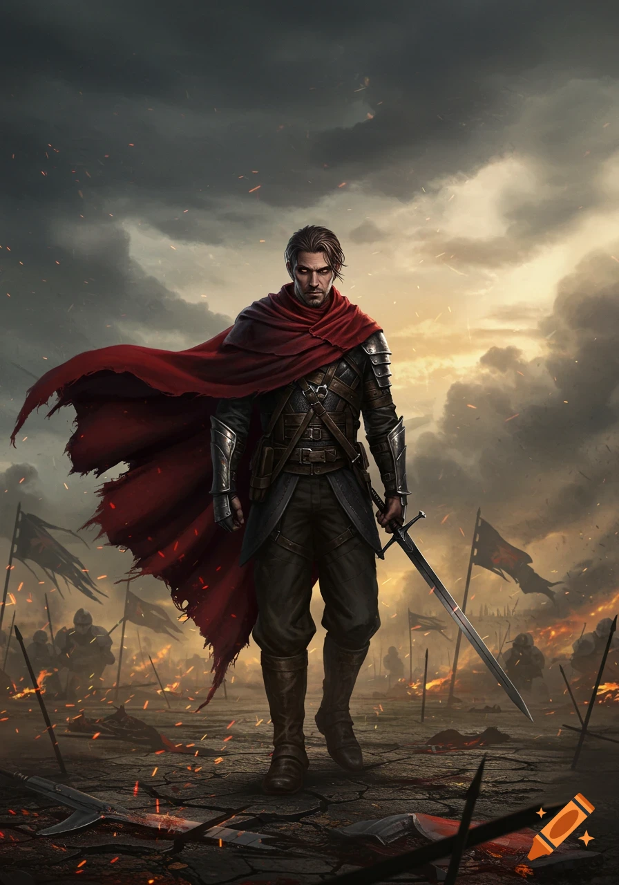 A stern male warrior in dark armor and a flowing red cape stands on a battle-scarred field with flags and fires under a stormy sky, holding a sword.