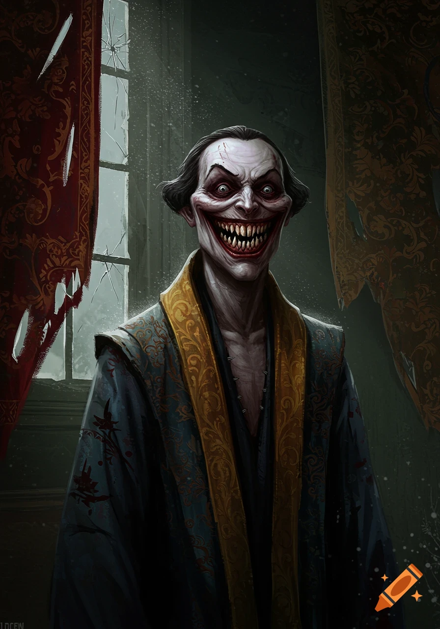 Creepy pale man with a wide, toothy grin in a gold and blue patterned robe, standing in a dark, broken room. Dark fantasy.