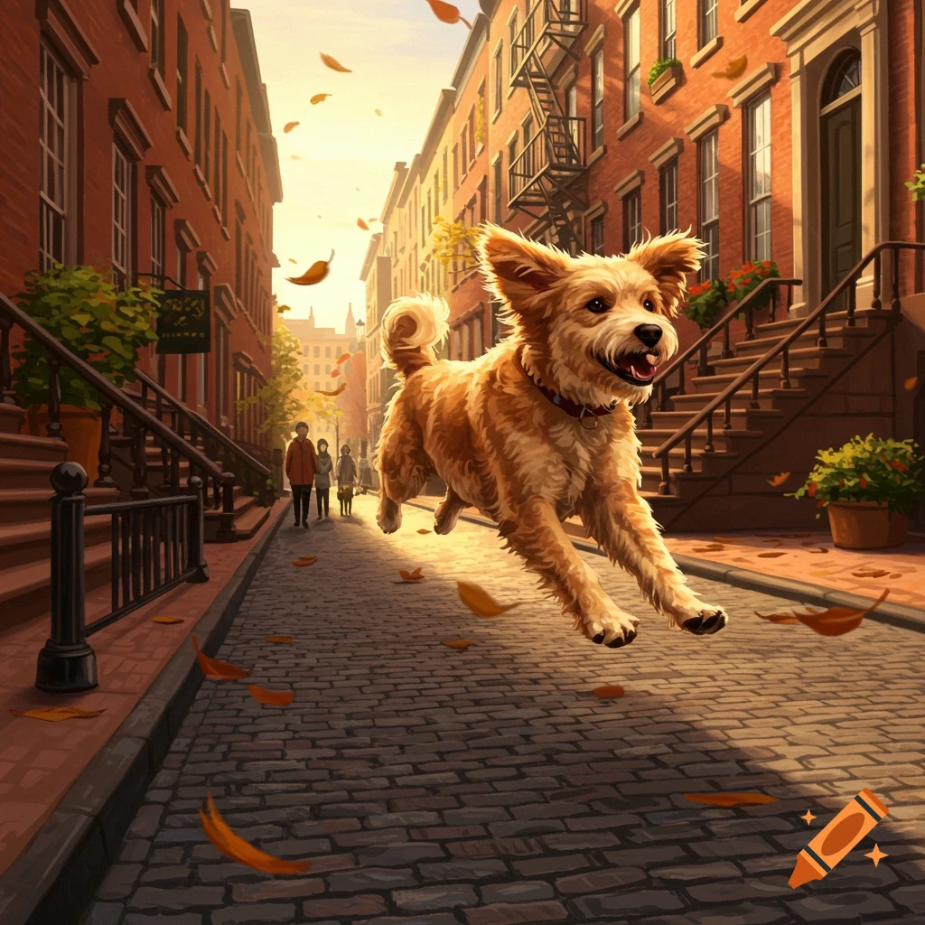 A happy, fluffy golden dog leaps on an autumnal cobblestone street lined with brick buildings and falling leaves, in a photorealistic style.