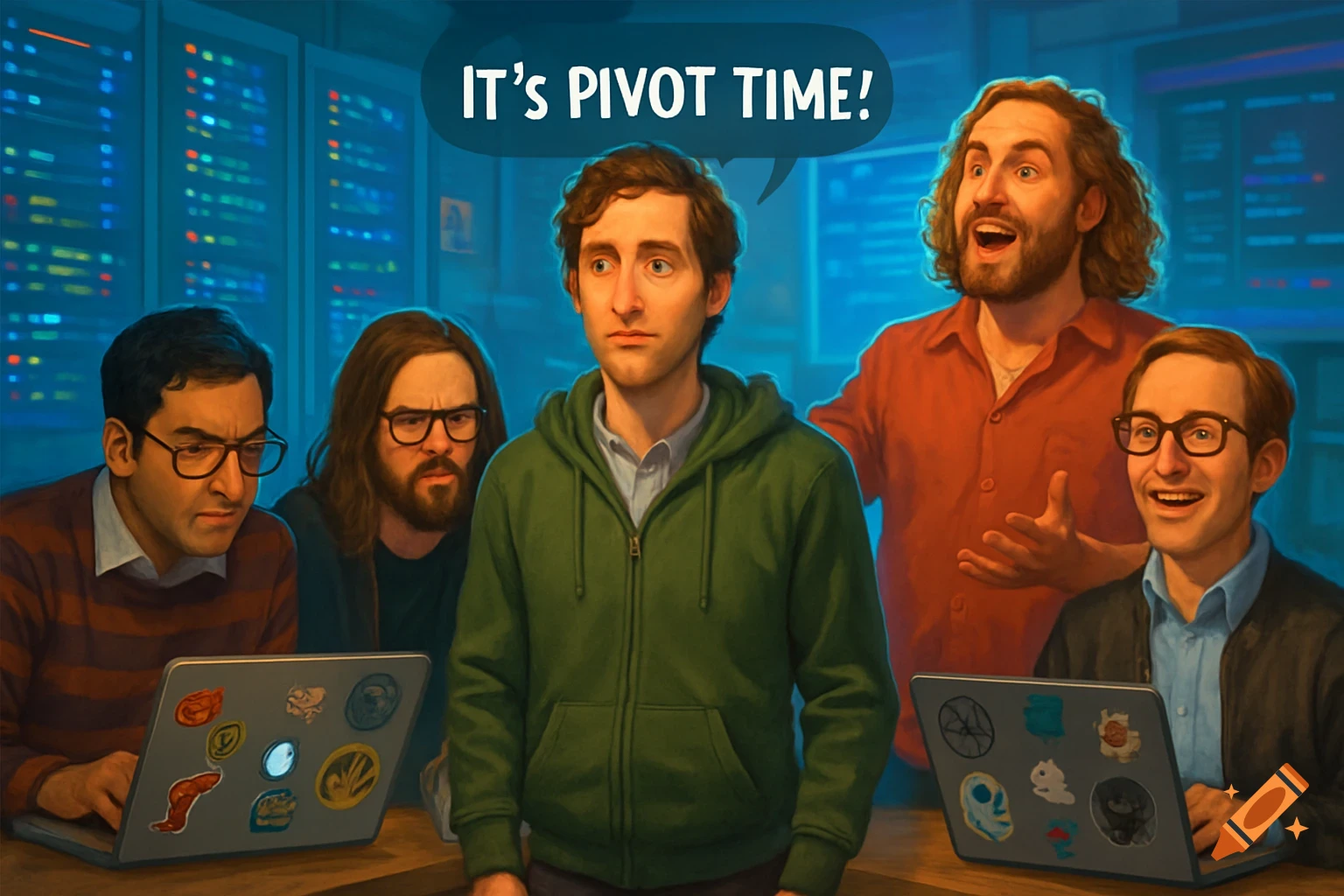 Five illustrated male characters, resembling the cast of Silicon Valley, stand in a server room, with one shouting "IT'S PIVOT TIME!"