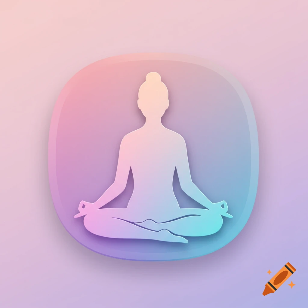 A stylized silhouette of a person meditating in a lotus pose, within a rounded square icon with pastel gradient colors.