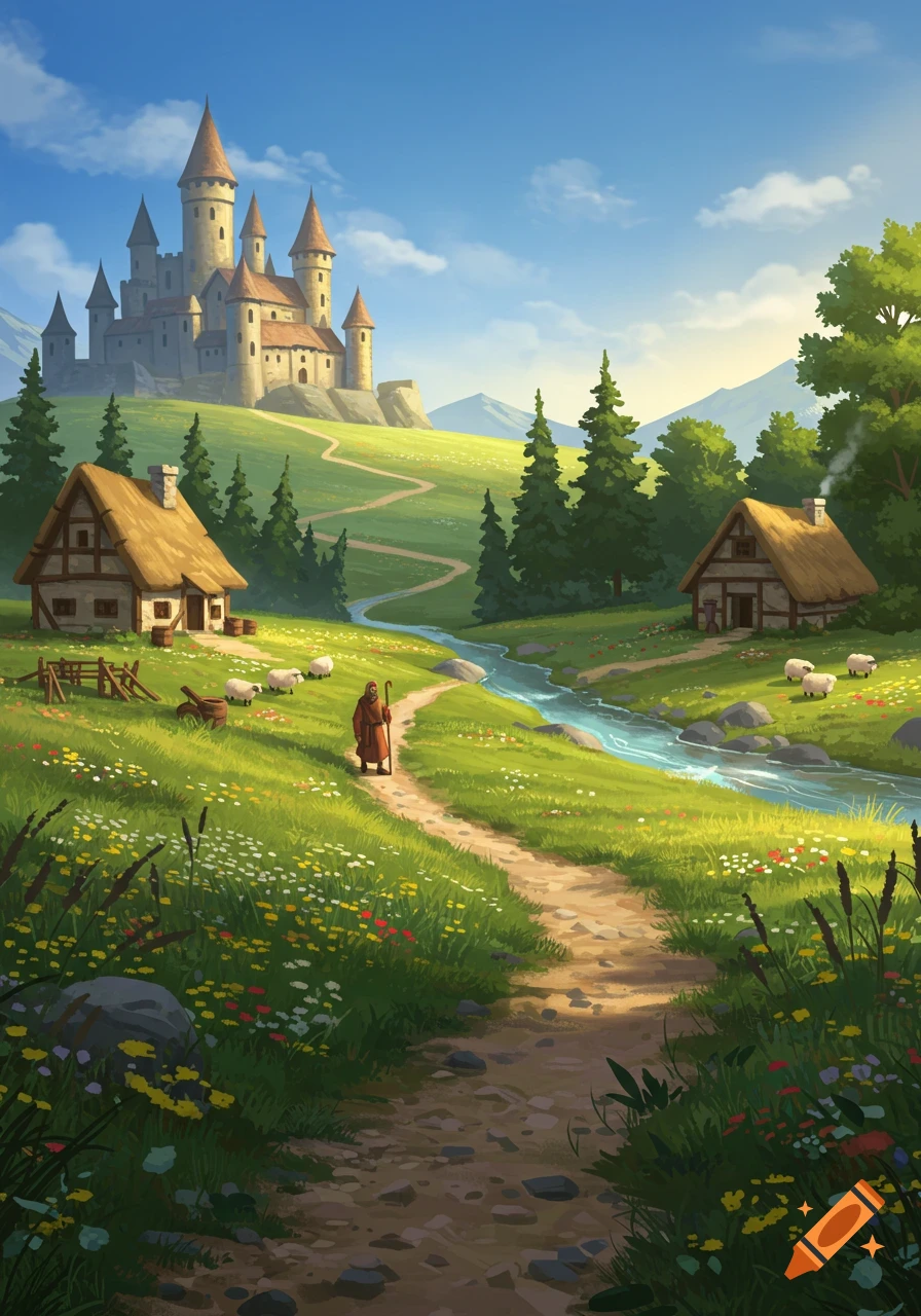 A vibrant medieval landscape features a winding path, a distant castle on a hill, two thatched cottages, a shepherd with sheep, and a flowing river.