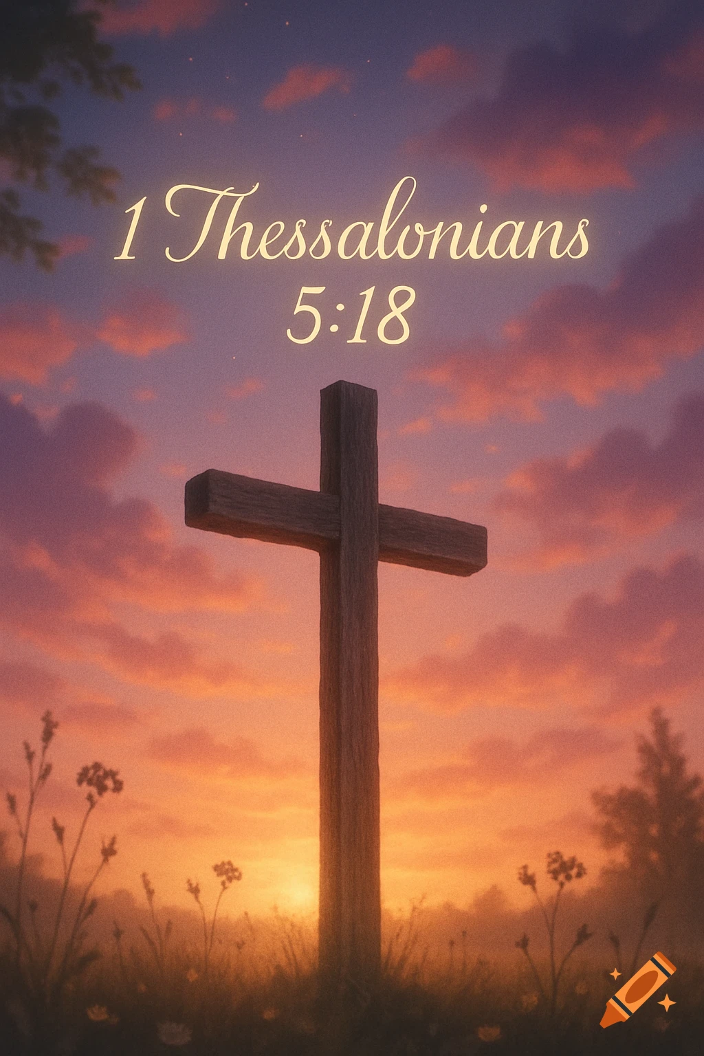 A wooden cross stands in a field at sunset, with '1 Thessalonians 5:18' written in the sky above.
