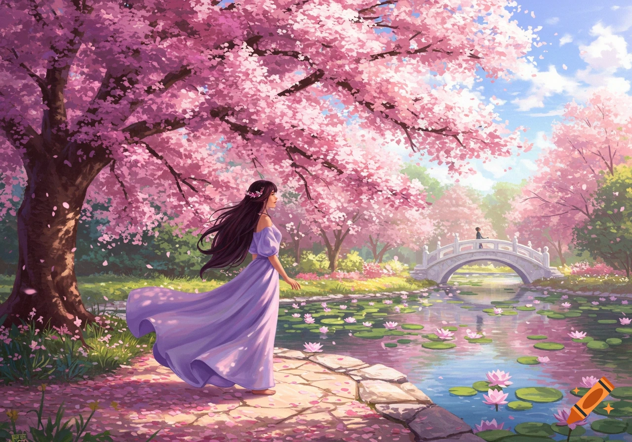 Anime girl in a purple dress walking by a pond with water lilies, under pink cherry blossom trees, with a white bridge in the background.