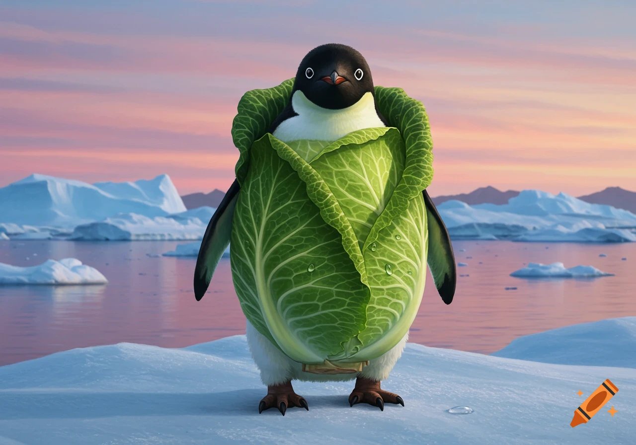 A cute penguin wrapped in a large green cabbage stands on an icy plain with icebergs and a pink-orange sunset.