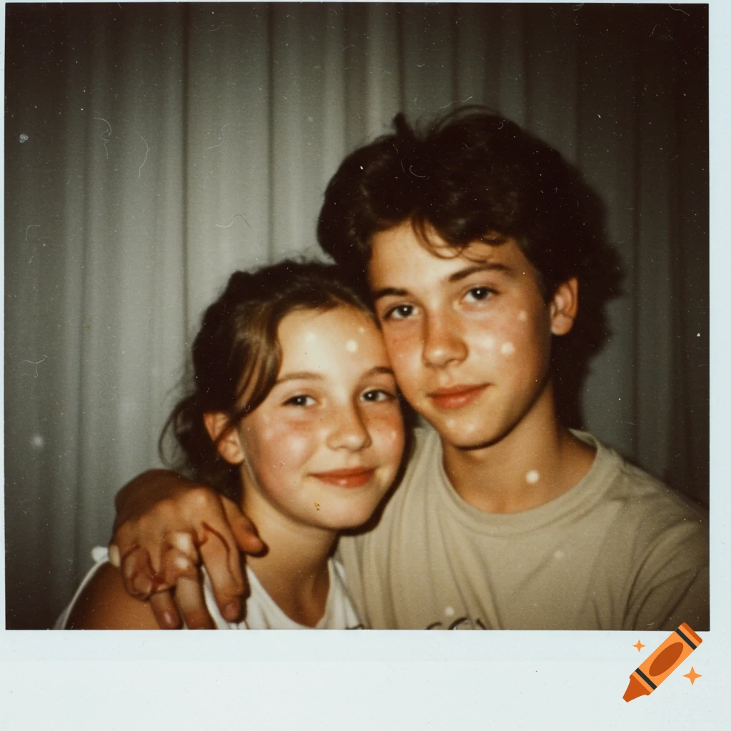 Two children, a boy and a girl, hug and smile in a vintage-style Polaroid photo.