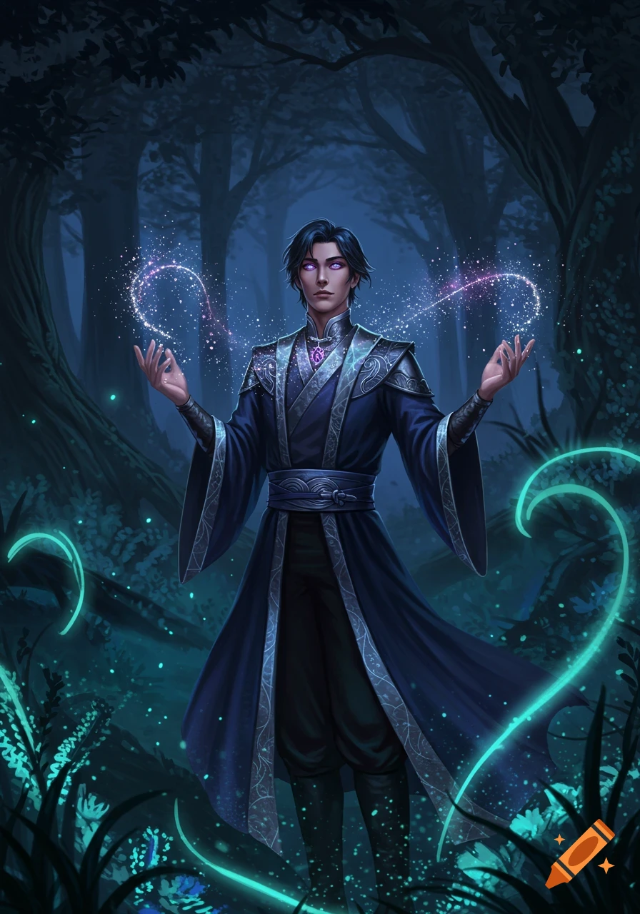 A man in a dark blue robe with glowing purple eyes casts magic with sparkling pink and teal energy in a mystical, dark forest.