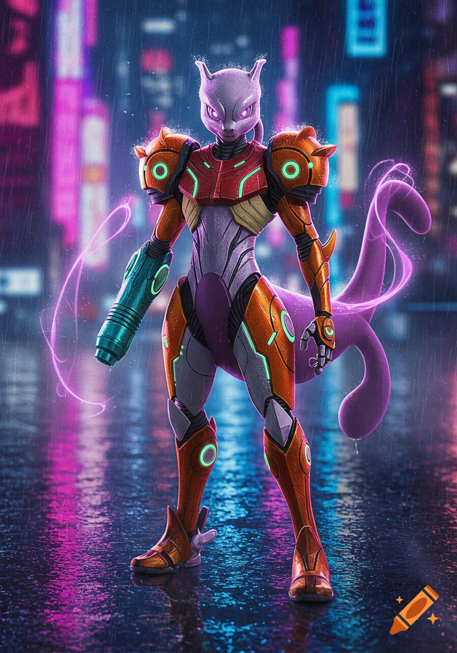 Mewtwo in Samus Aran's orange and red power suit stands on a rainy cyberpunk city street with neon reflections.