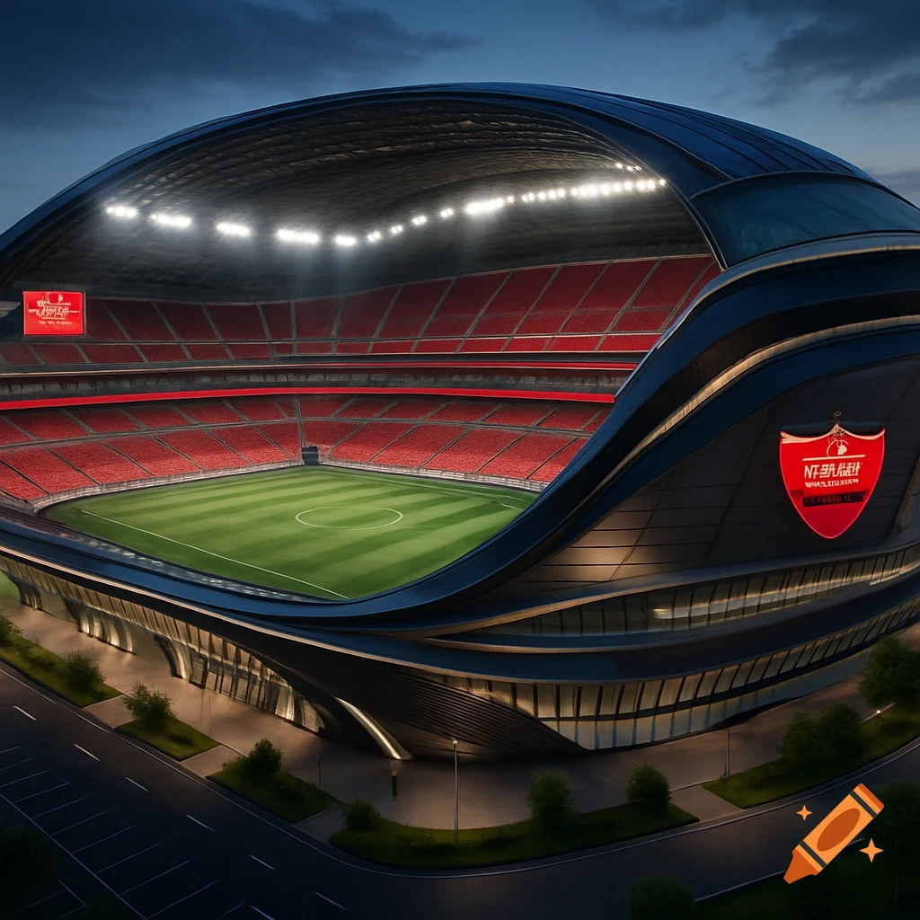 A massive, futuristic football stadium at night, with red and white seating, a green field, and bright floodlights.
