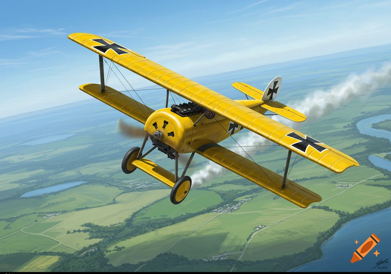 A bright yellow Fokker Dr.I biplane with black Iron Cross markings flies over green fields and a river under a clear blue sky.