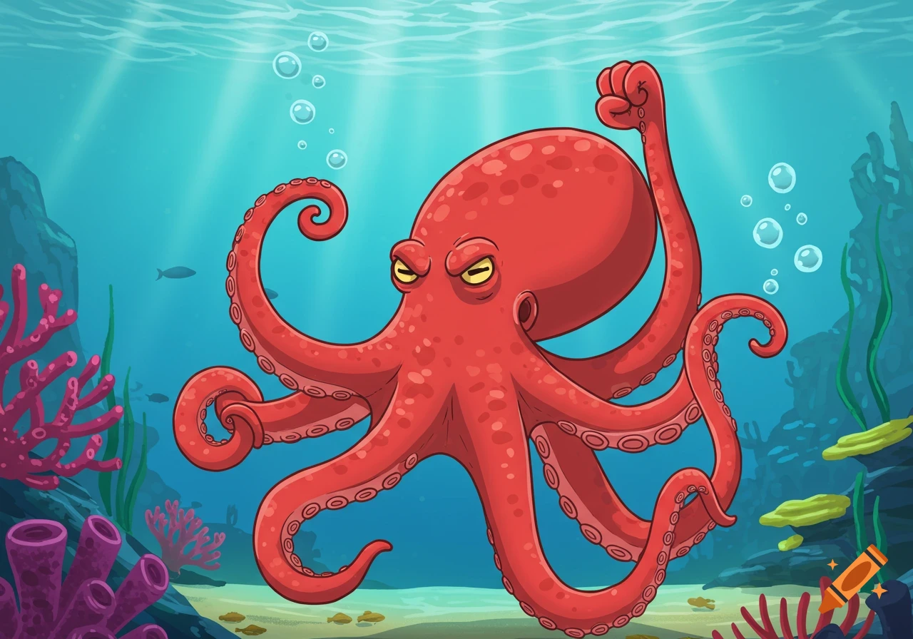 A cartoon red octopus with a grumpy expression raises one fist underwater, surrounded by coral and bubbles.