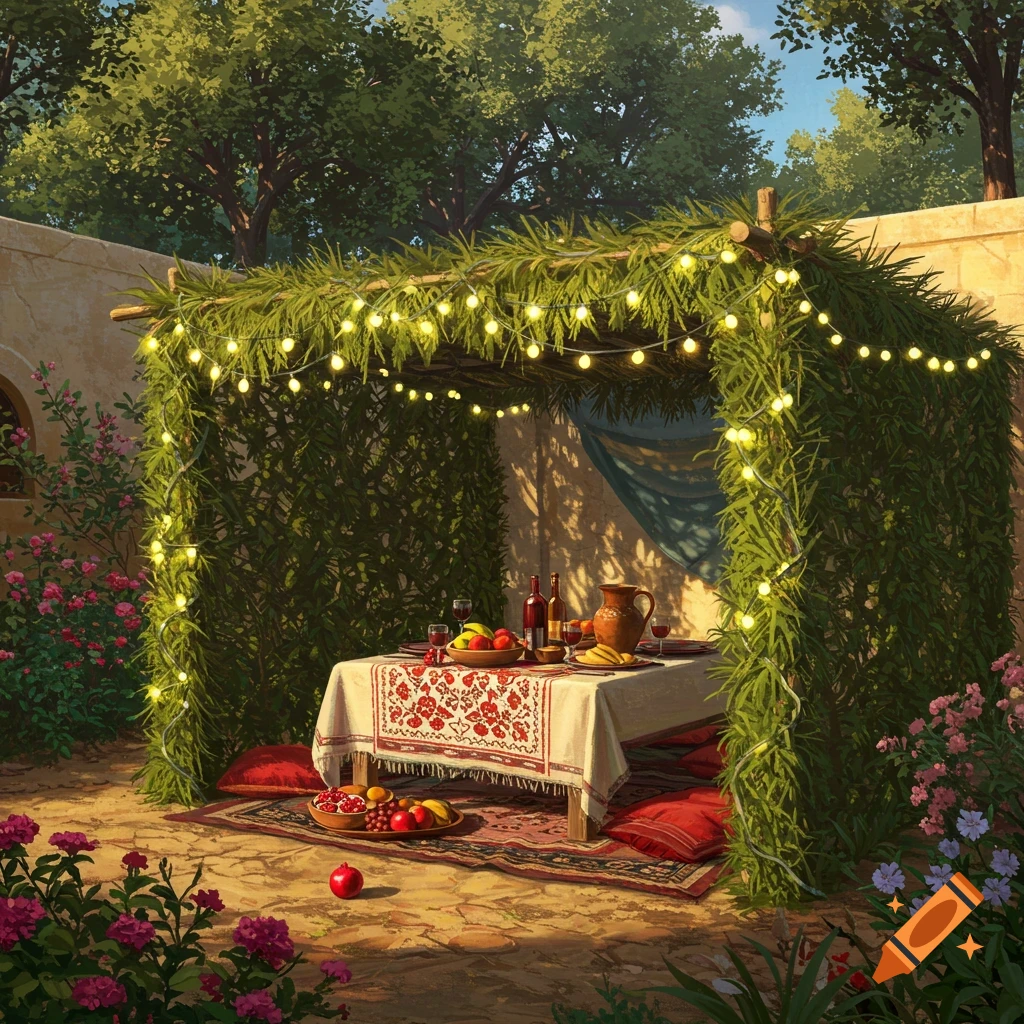 A festive Sukkah decorated with string lights, set with a table laden with food, wine, and cushions in a lush garden.