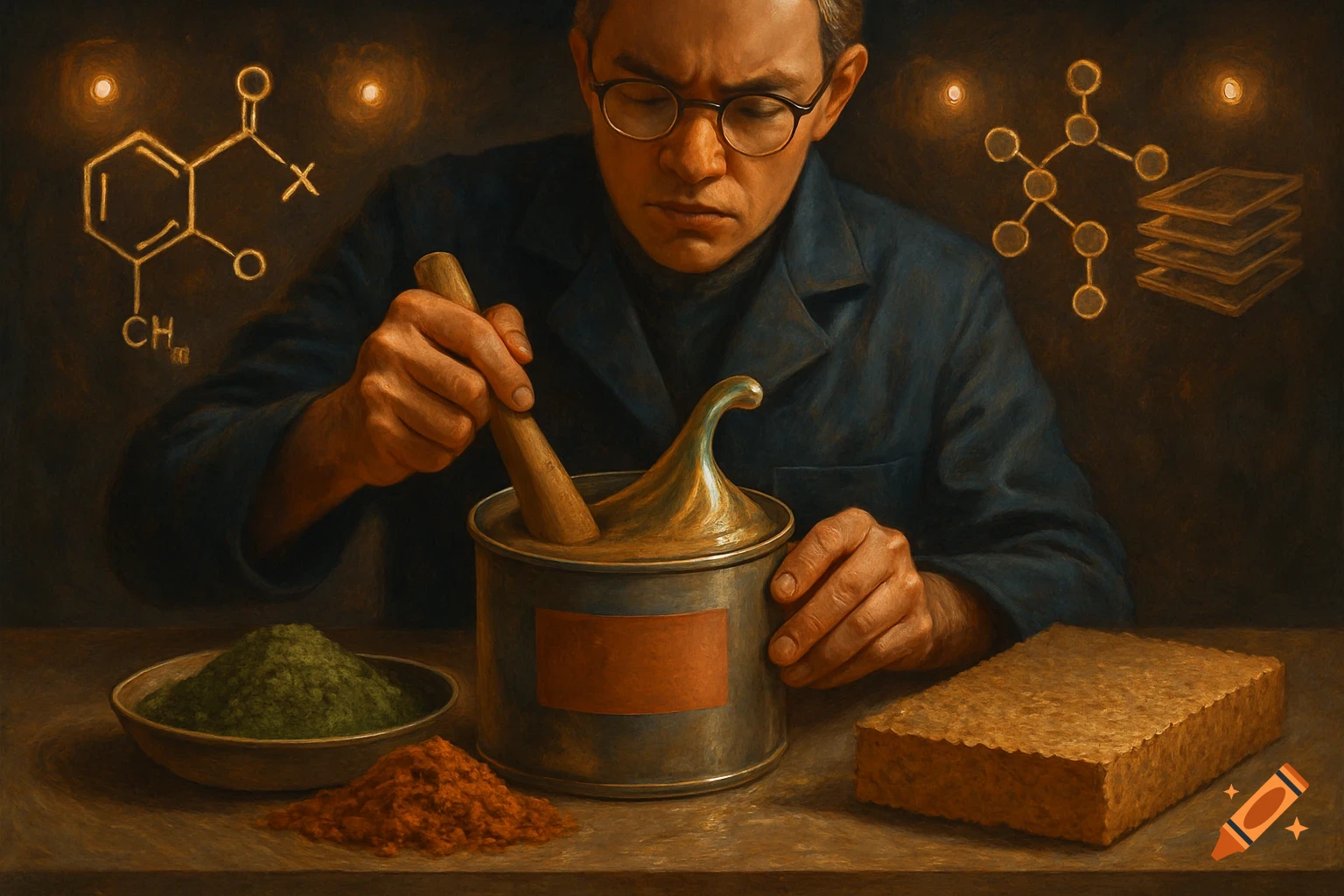 A painting of a man in glasses and a blue lab coat mixing a substance in a pot with a mortar and pestle, with glowing chemical structures in the dark background.