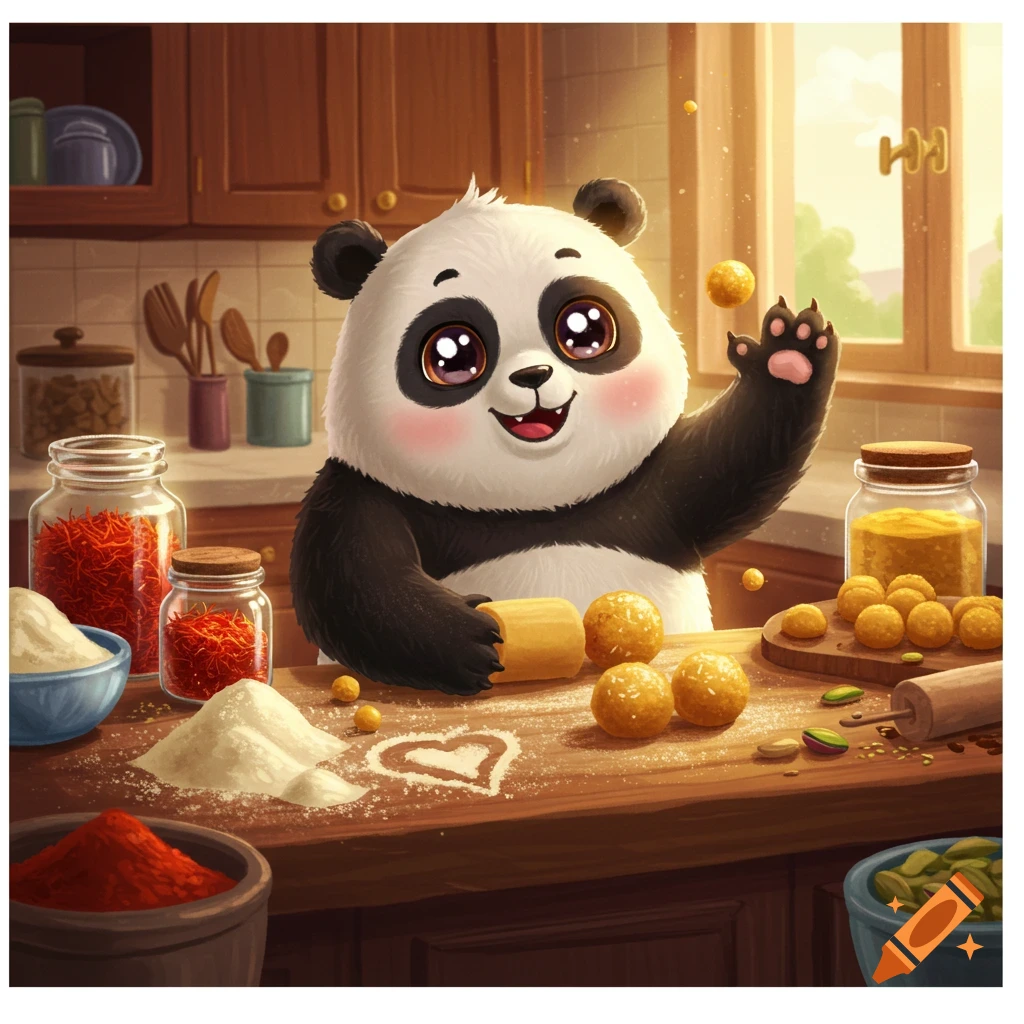 A cute cartoon panda, in the Bubu & Dudu style, smiling while making Indian laddoo in a warm kitchen, covered in flour.
