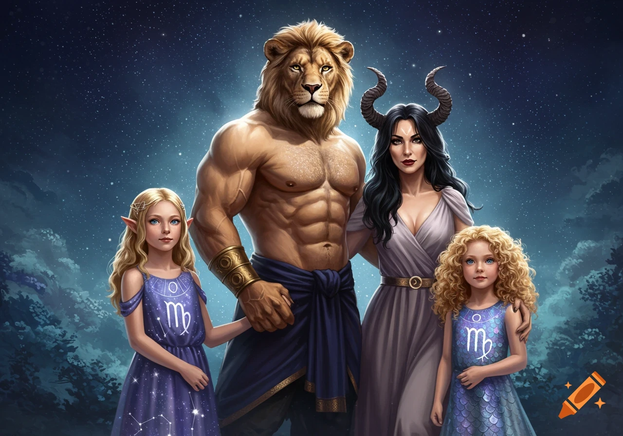 A lion-headed man, a horned woman, an elf girl, and a curly-haired girl, all in fantasy attire with zodiac symbols, stand against a starry sky.