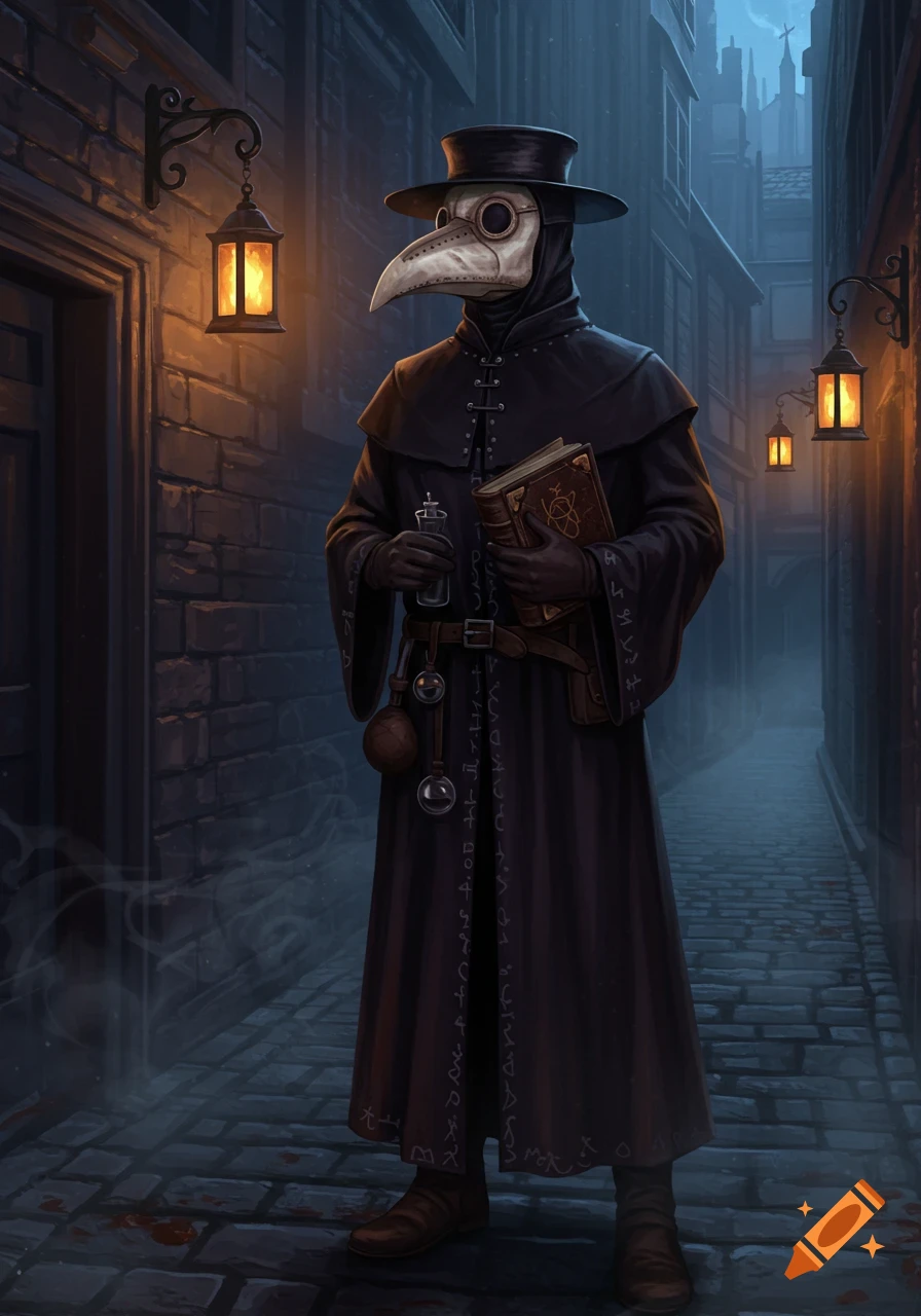A masked plague doctor stands in a dark, lantern-lit alley, holding a book and a vial.