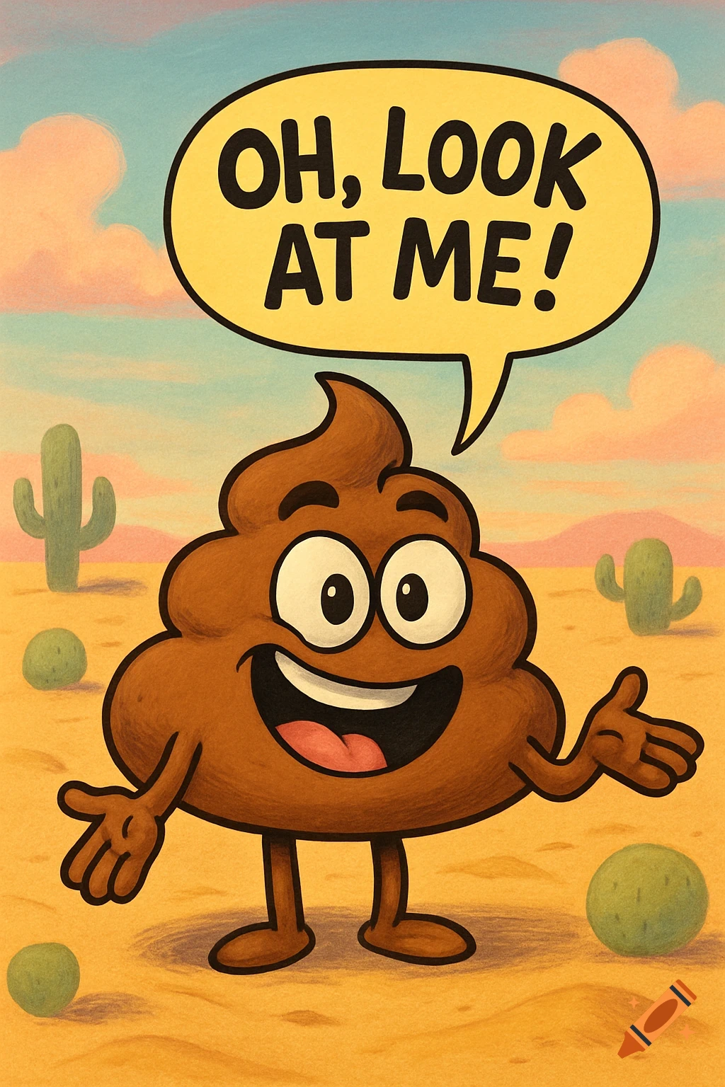 A smiling cartoon poop character with arms and legs says "OH, LOOK AT ME!" in a speech bubble in a desert landscape.