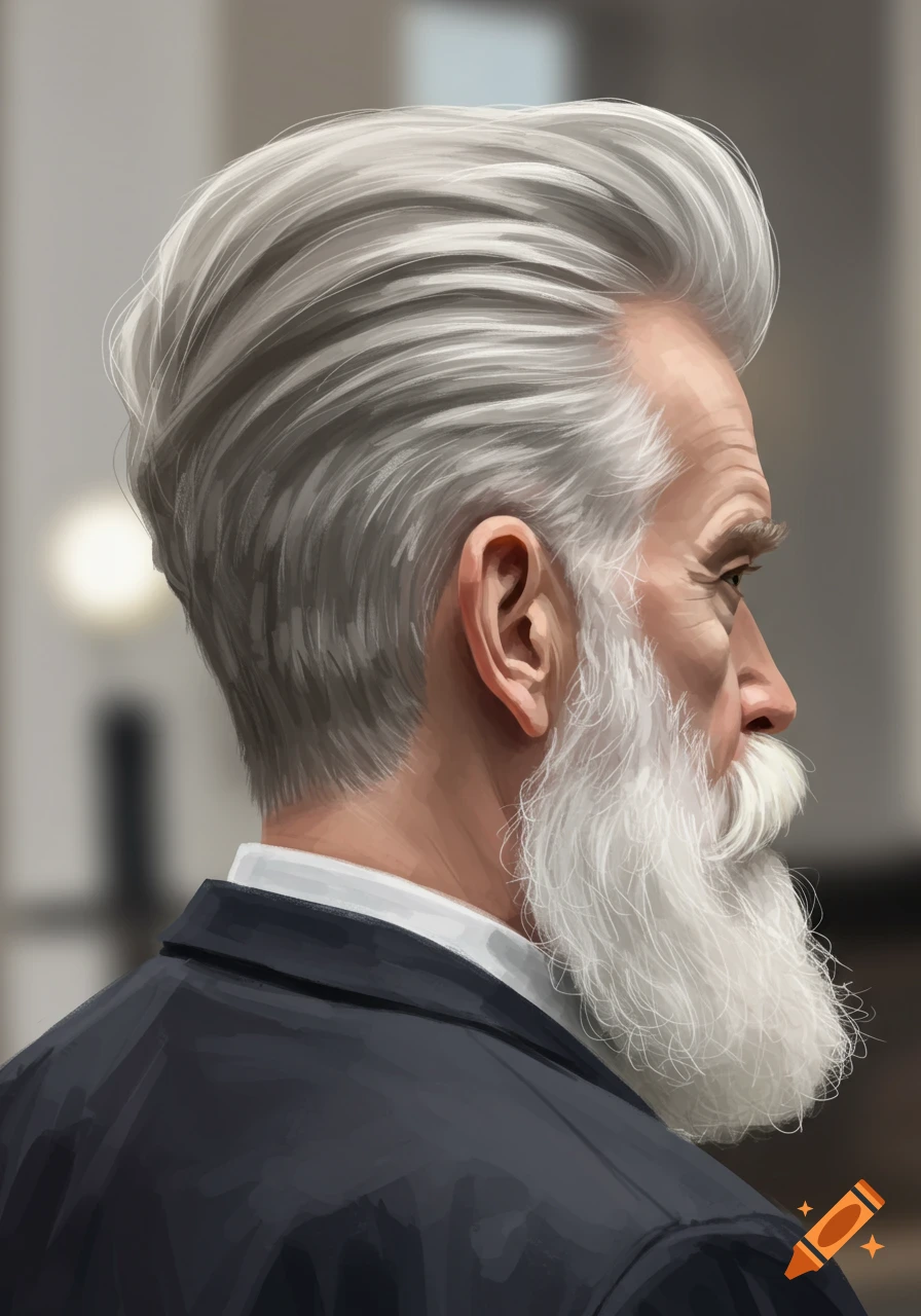 Side profile digital painting of an elderly man with grey undercut hair and a long white beard, wearing a suit jacket.