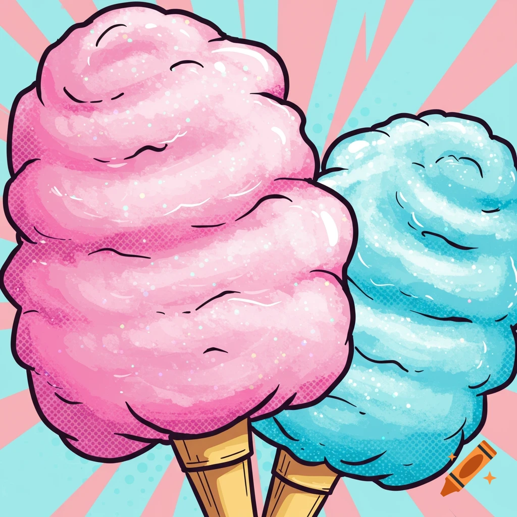Pop art illustration of pink and sky blue cotton candy on cones against a striped background.