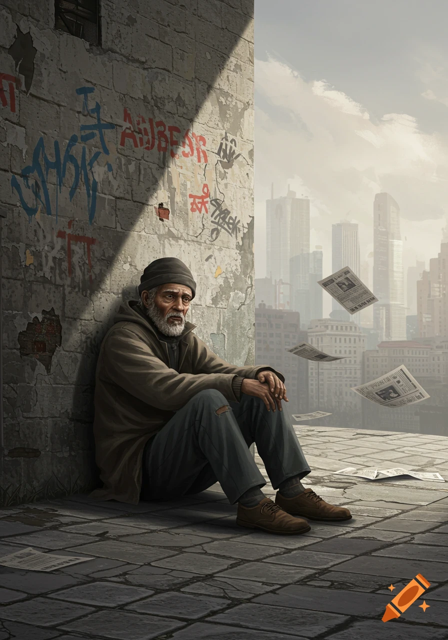 An older man with a white beard sits against a graffiti-covered wall in a city, with newspapers blowing around and skyscrapers in the hazy background.