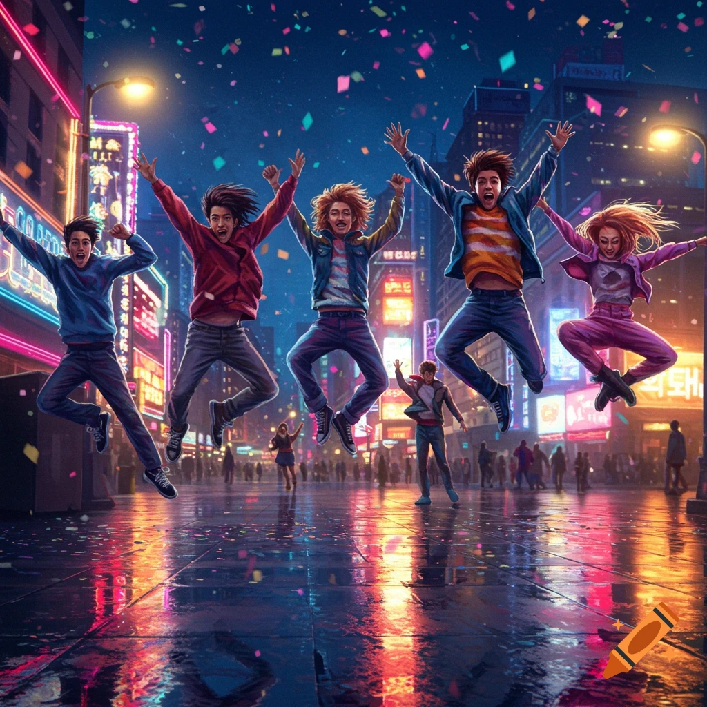 Five energetic young people leap joyfully in a vibrant, rain-slicked city street at night, with confetti falling and neon lights reflecting.