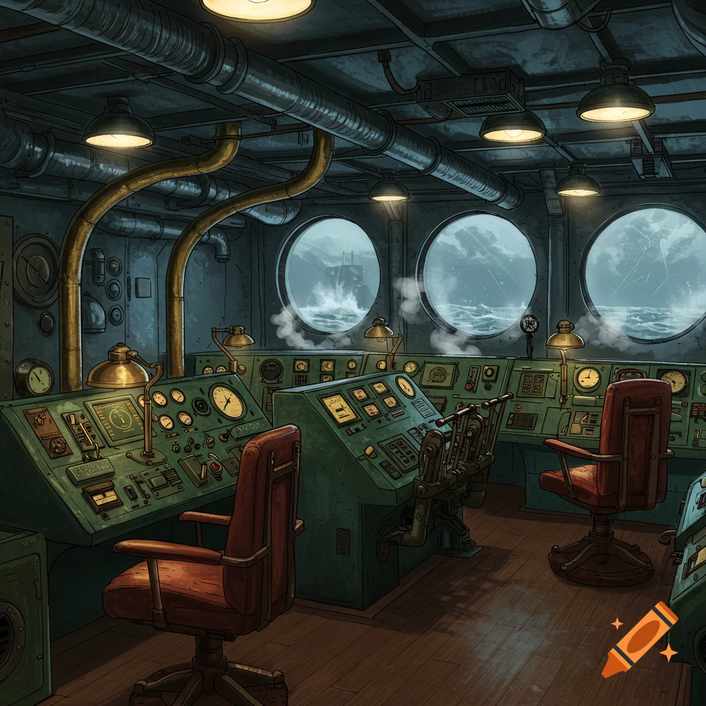 A retro-futuristic dieselpunk battleship control room with complex consoles and portholes showing a stormy sea.