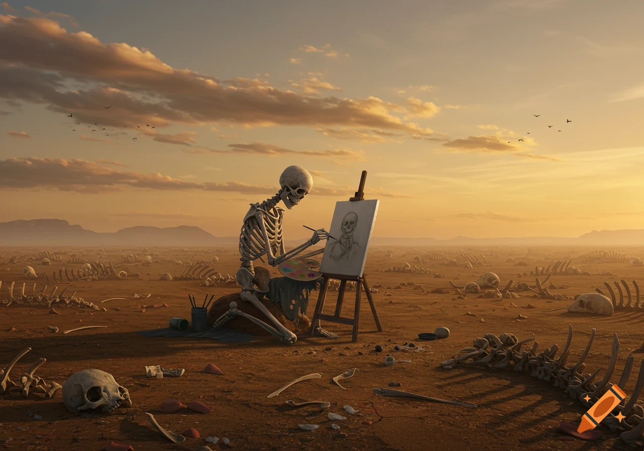 A skeleton artist paints a skull on an easel in a bone-strewn desert at sunset, with distant mountains under a warm sky.