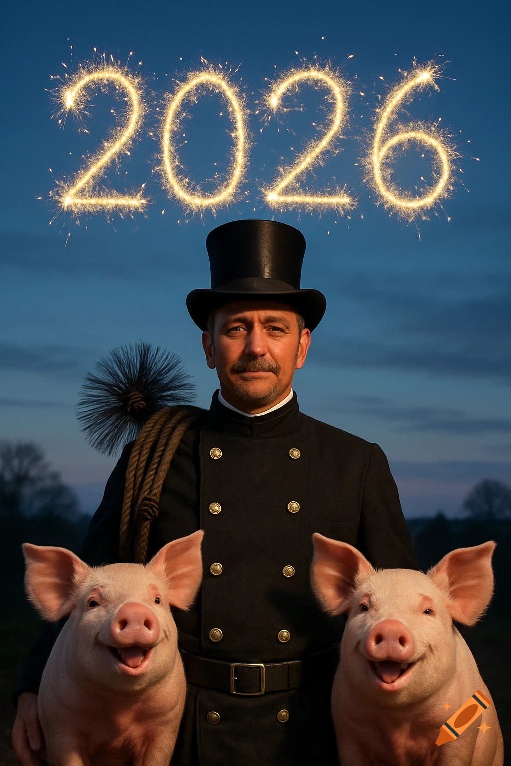 Ultra-realistic photo of a chimney sweep with two smiling pigs and '2026' in sparklers above, during blue hour.