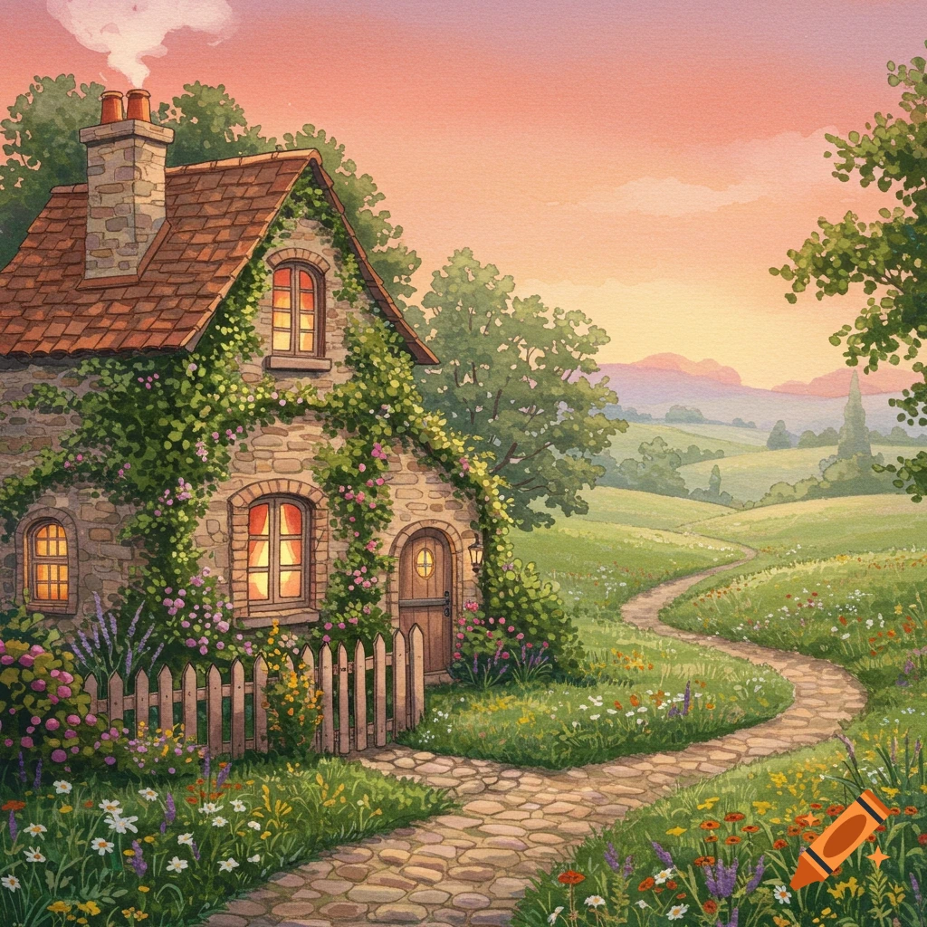 Watercolor painting of a charming stone cottage covered in vines and flowers, with a winding path through a green field at sunset.