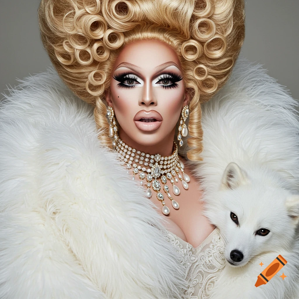 A glamorous drag queen in a huge blonde Victorian wig, heavy makeup, diamond and pearl jewelry, and a white fur coat, posing with a white fox.