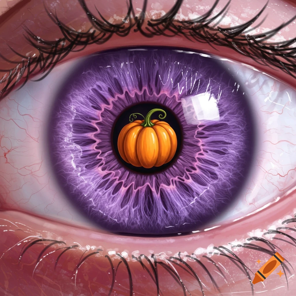 Close-up of a purple eye with a small orange pumpkin as the pupil.