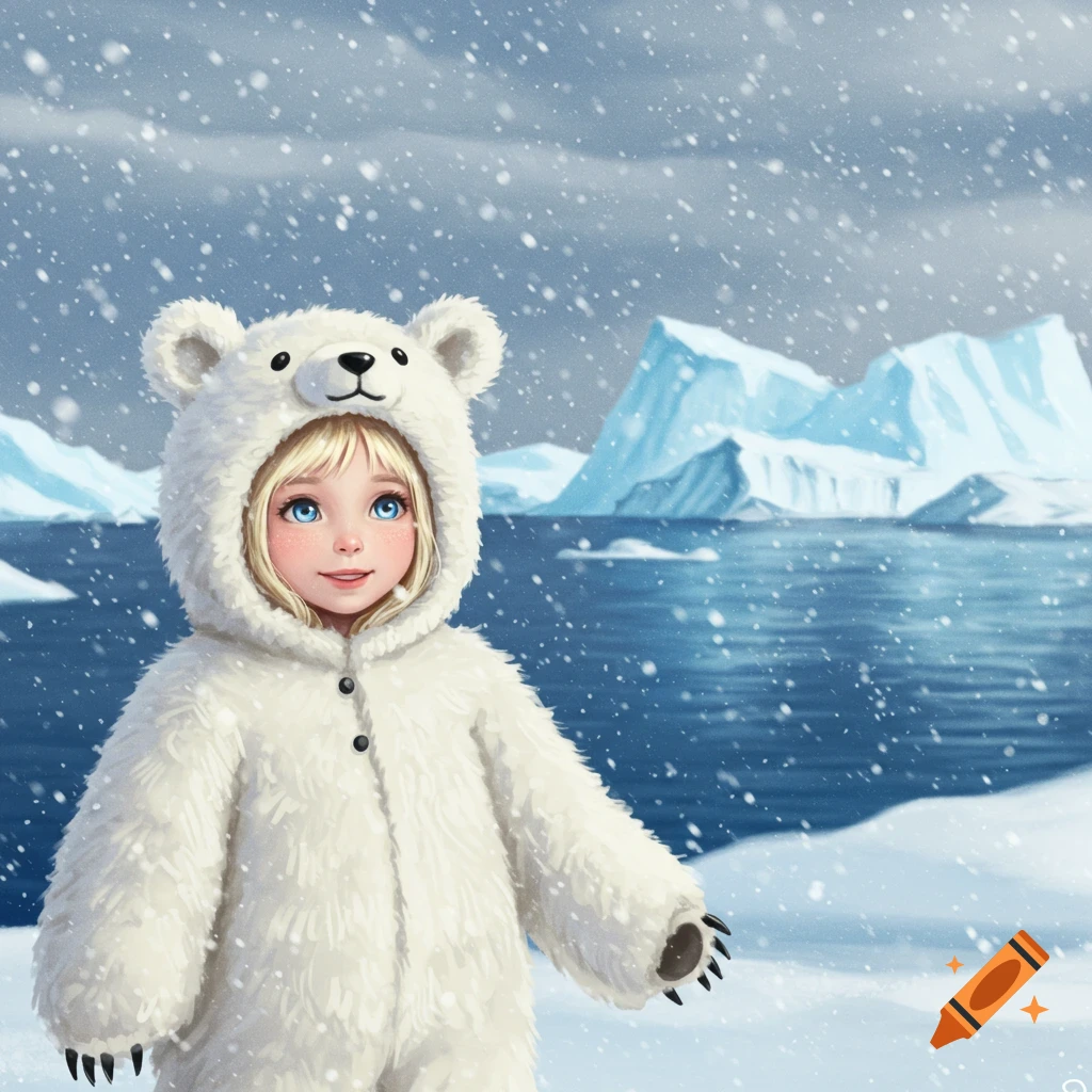 A blonde child in a white polar bear costume smiles, standing in a snowy arctic landscape with icebergs and blue water, digital illustration.