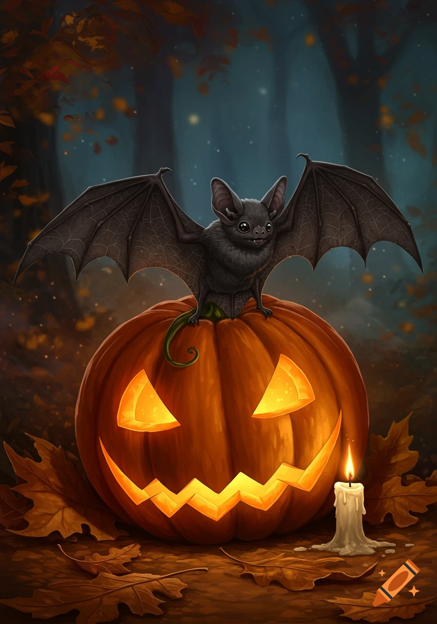 A cute, fluffy bat with large ears and wide wings perched on a glowing carved jack-o'-lantern in an autumnal forest at night, surrounded by fallen leaves and a burning candle.