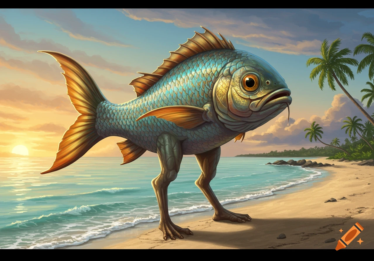A detailed illustration of a surreal fish with human legs walking on a sandy beach by the ocean at sunset with palm trees.