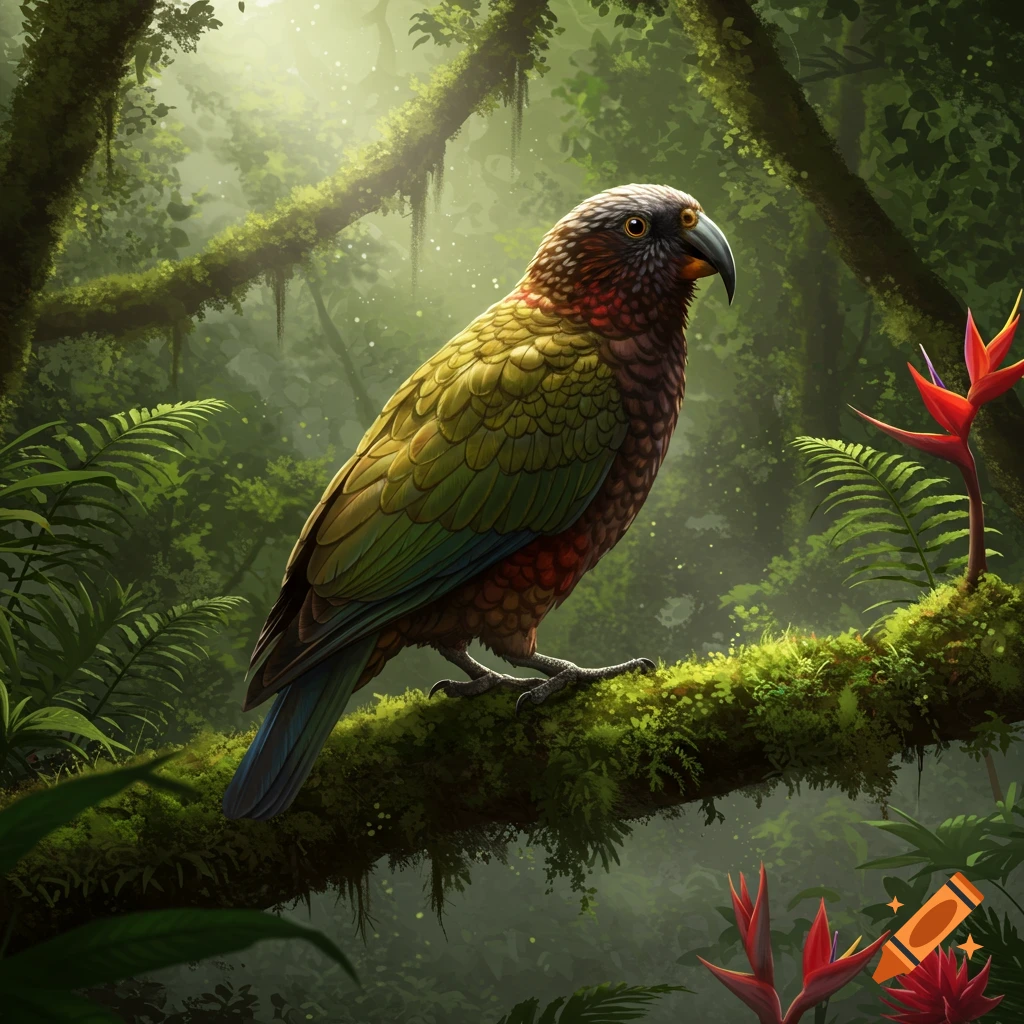 A colorful Kākā bird perches on a mossy branch in a lush, misty jungle with red tropical flowers.