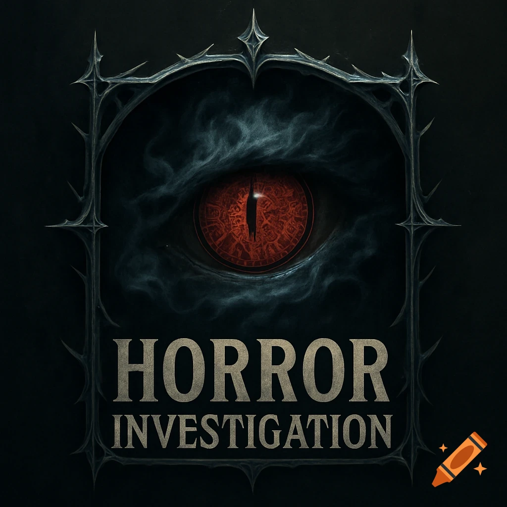 A dark gothic logo featuring a red, reptilian eye framed by thorny archways, with the text 'HORROR INVESTIGATION' below.