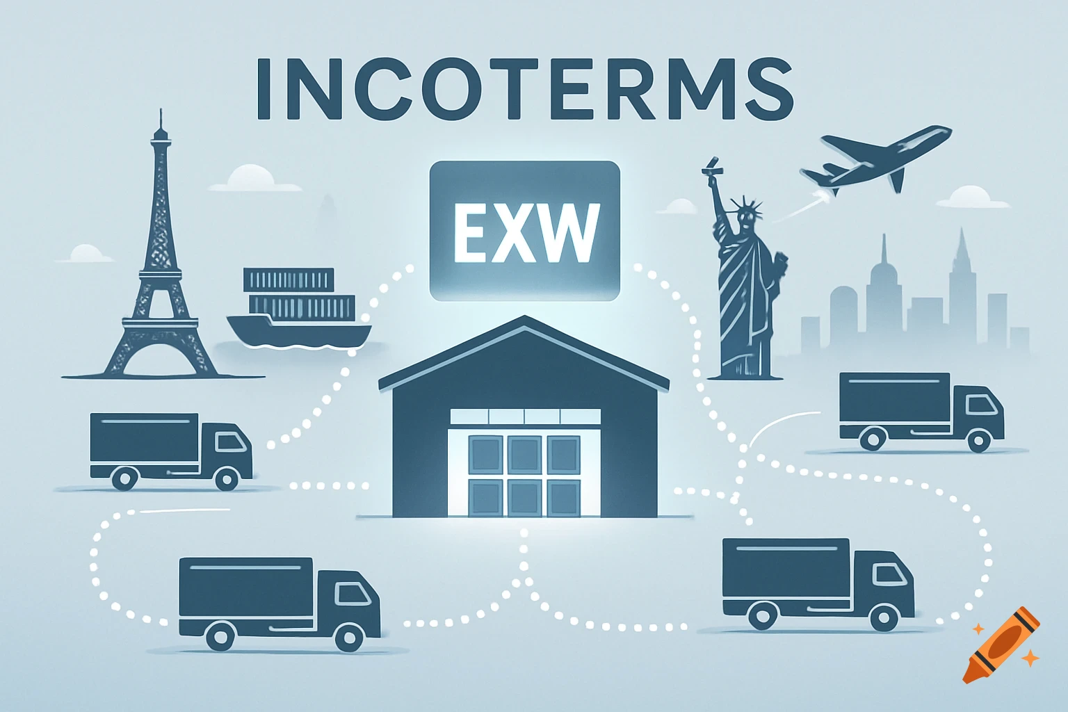 An infographic illustrating Incoterms EXW with a warehouse, trucks, ship, plane, Eiffel Tower, and Statue of Liberty.