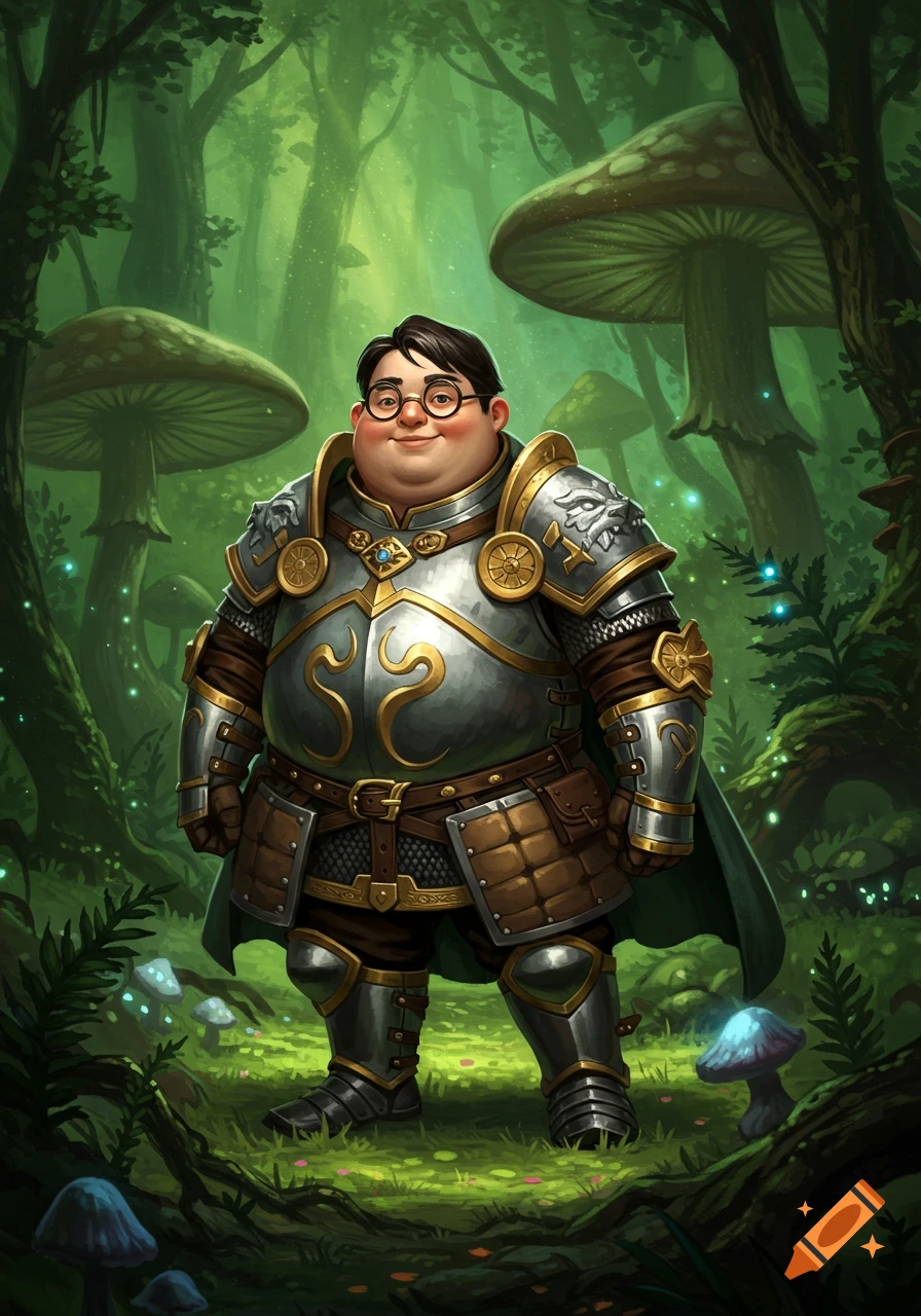 An illustrated chubby man in silver and gold fantasy armor and glasses stands smiling in a vibrant magical forest with large mushrooms.