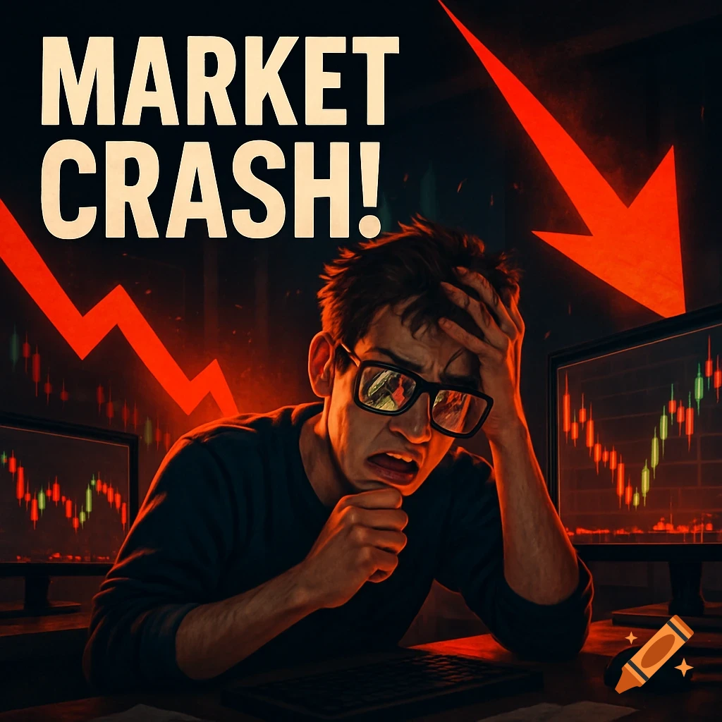 A stressed man with glasses sits at a desk, looking at computer screens displaying red and green stock charts during a market crash. Large text reads "MARKET CRASH!" with a giant red arrow pointing down.