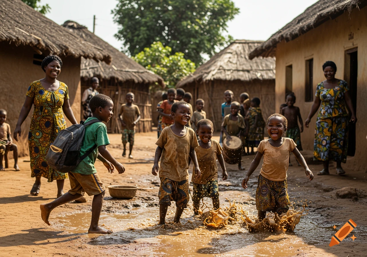 Joyful children splash in mud puddles in an African village, with women nearby. Photorealistic.