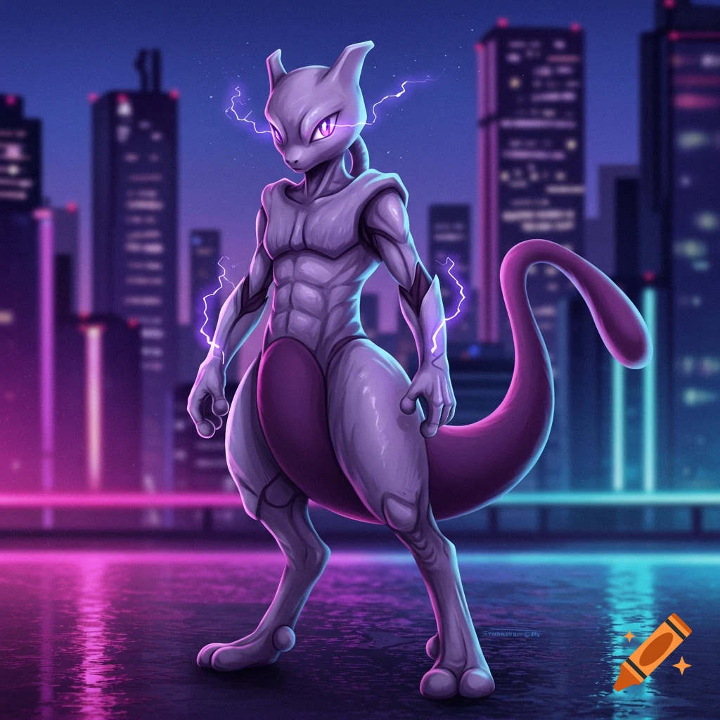 Mewtwo with purple lightning stands in a neon-lit futuristic city at night, vibrant digital art.