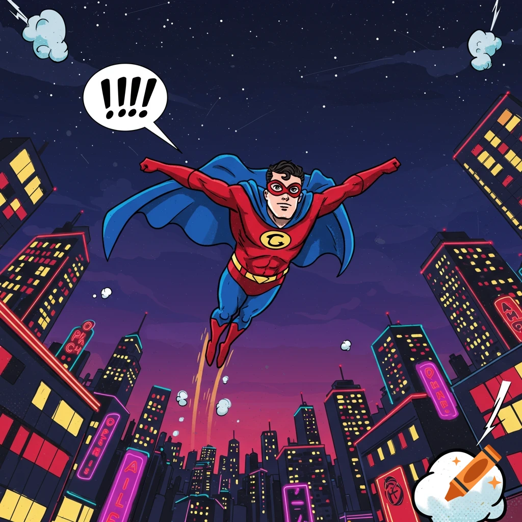 A comic book style superhero in a red and blue suit with a yellow 'G' flies over a neon-lit city at night.
