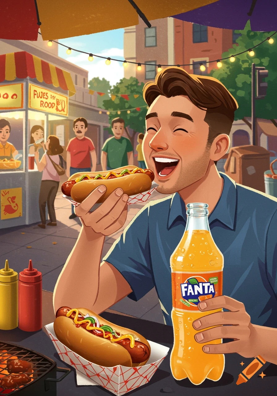 A happy man in a blue shirt eats a hotdog and drinks Fanta at an outdoor market in a vibrant cartoon style.
