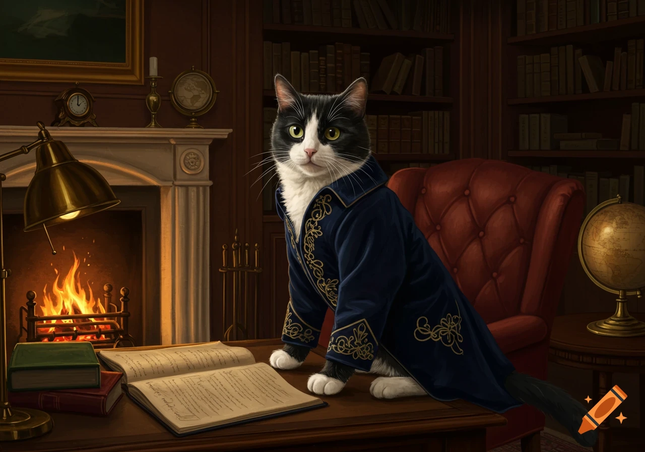 A black and white tuxedo cat wearing a blue velvet jacket sits on a wooden desk in a cozy library with a fireplace.