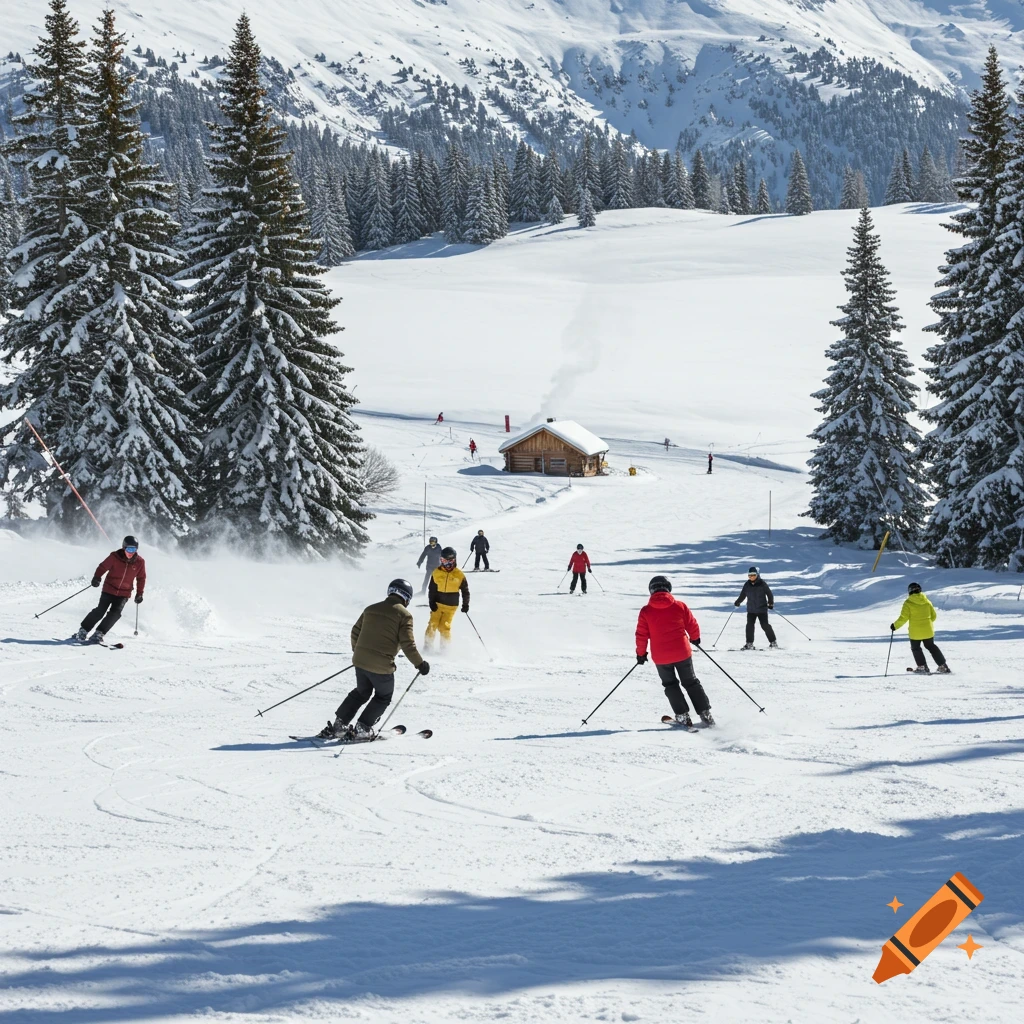Several people ski down a snowy mountain slope with pine trees and a small wooden cabin under a clear sky.