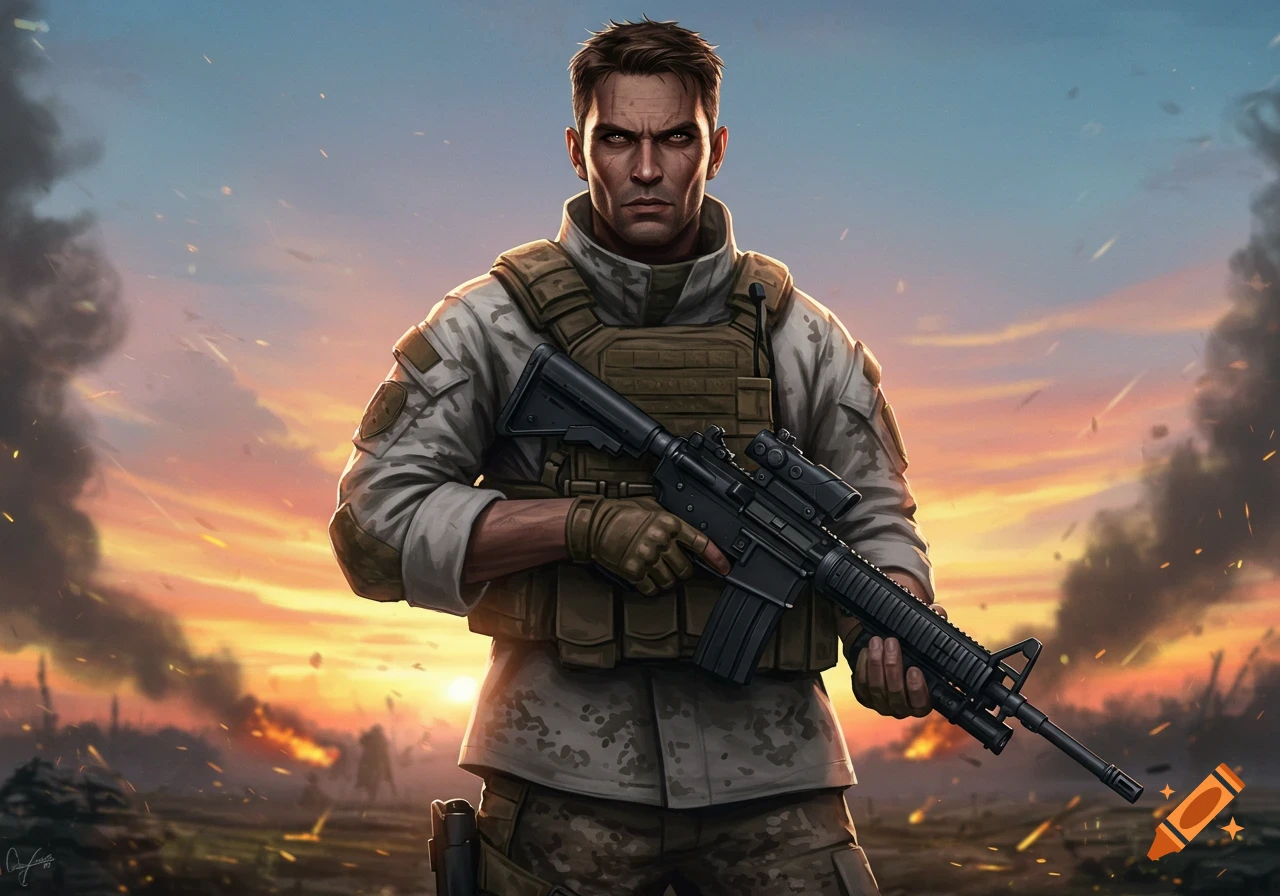 A serious military soldier in camouflage stands on a battlefield at sunset, holding a rifle, in a digital art style.